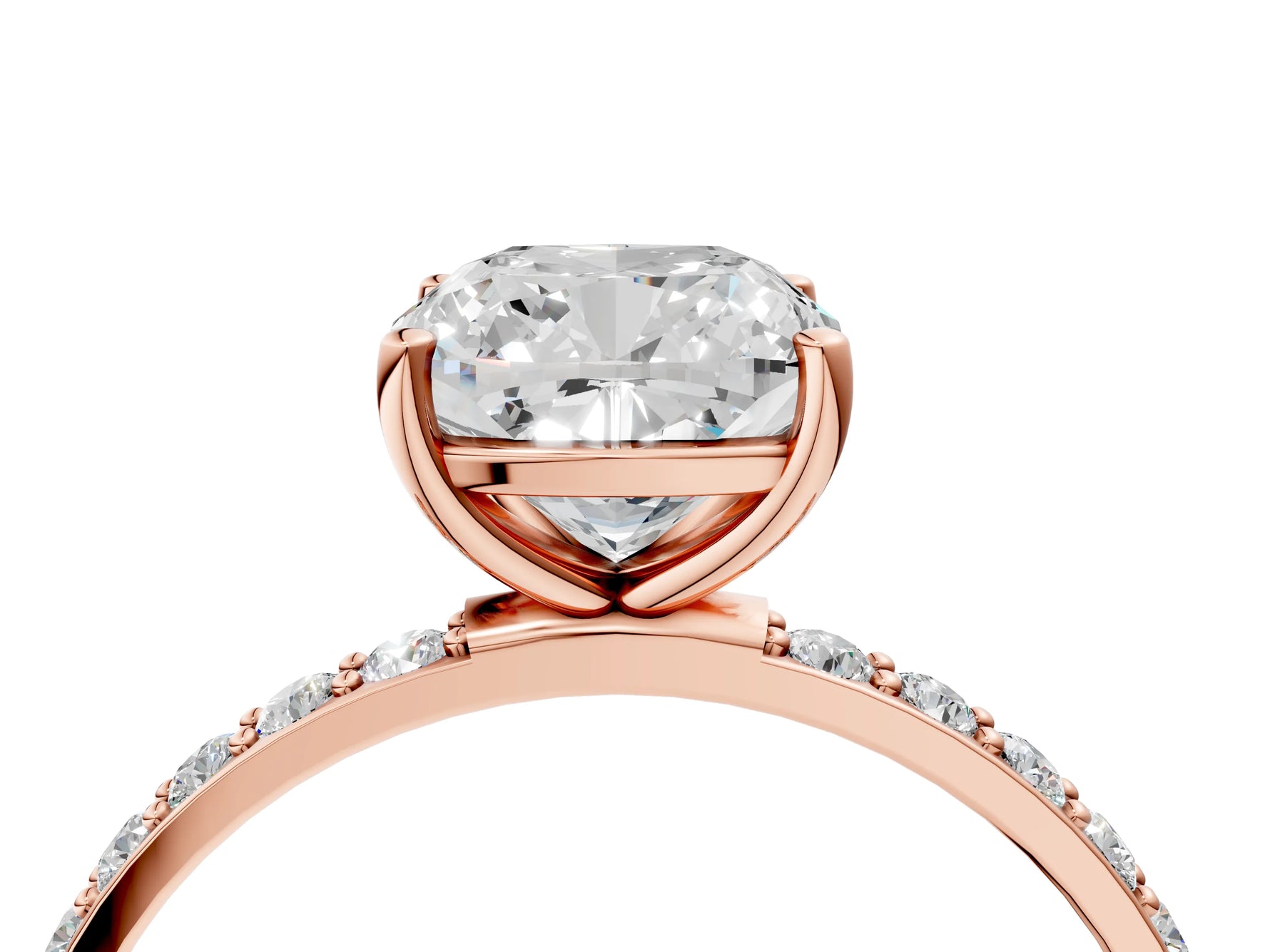 Cushion Cut Diamond Pavé Band Solitaire Ring in Rose gold with Round Accents_28
