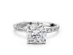 Cushion Cut Diamond Pavé Band Solitaire Ring in White gold with Round Accents_24