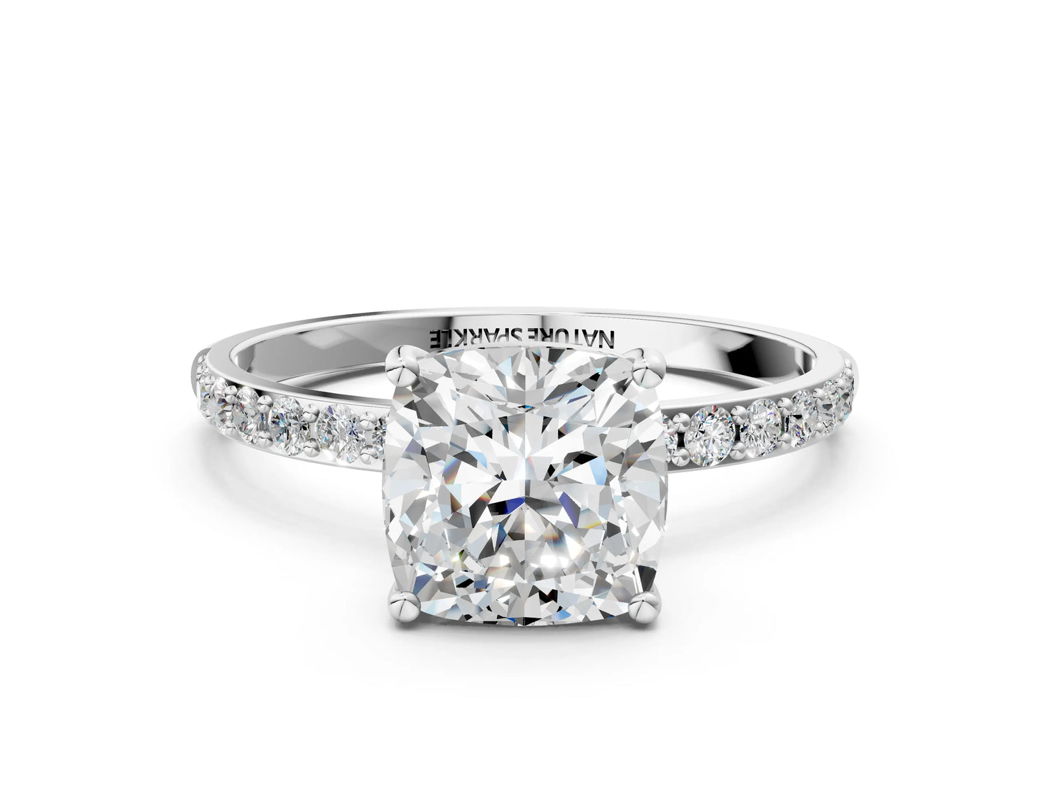 Cushion Cut Diamond Pavé Band Solitaire Ring in White gold with Round Accents_24