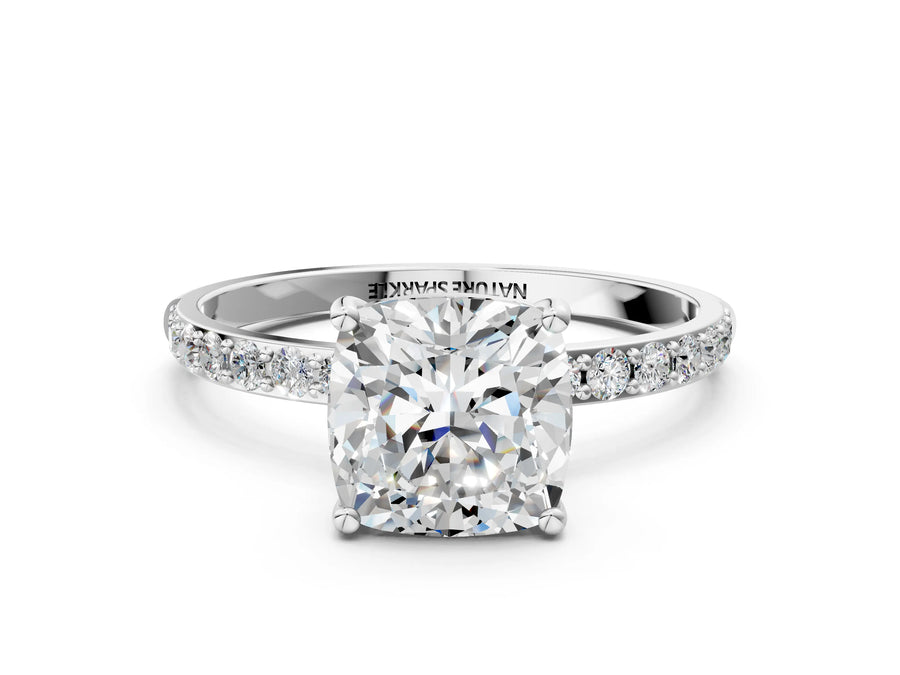 Cushion Cut Diamond Pavé Band Solitaire Ring in Silver with Round Accents