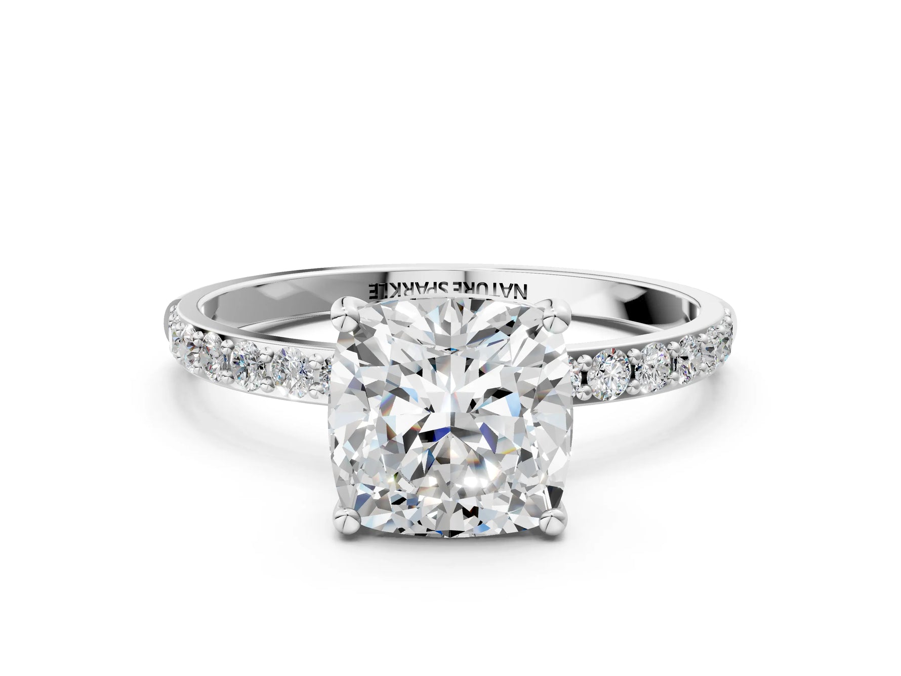 Cushion Cut Diamond Pavé Band Solitaire Ring in White gold with Round Accents_24
