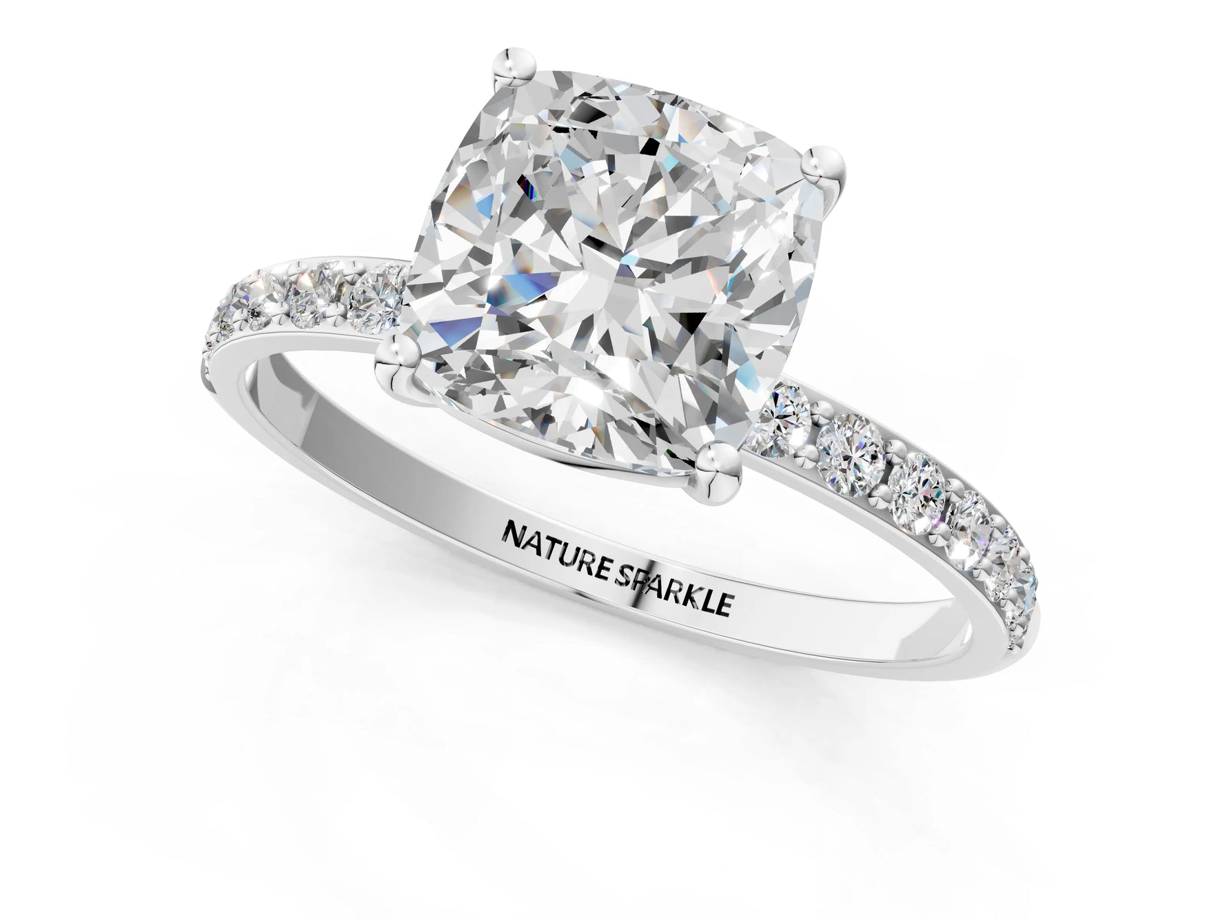 Cushion Cut Diamond Pavé Band Solitaire Ring in White gold with Round Accents_25