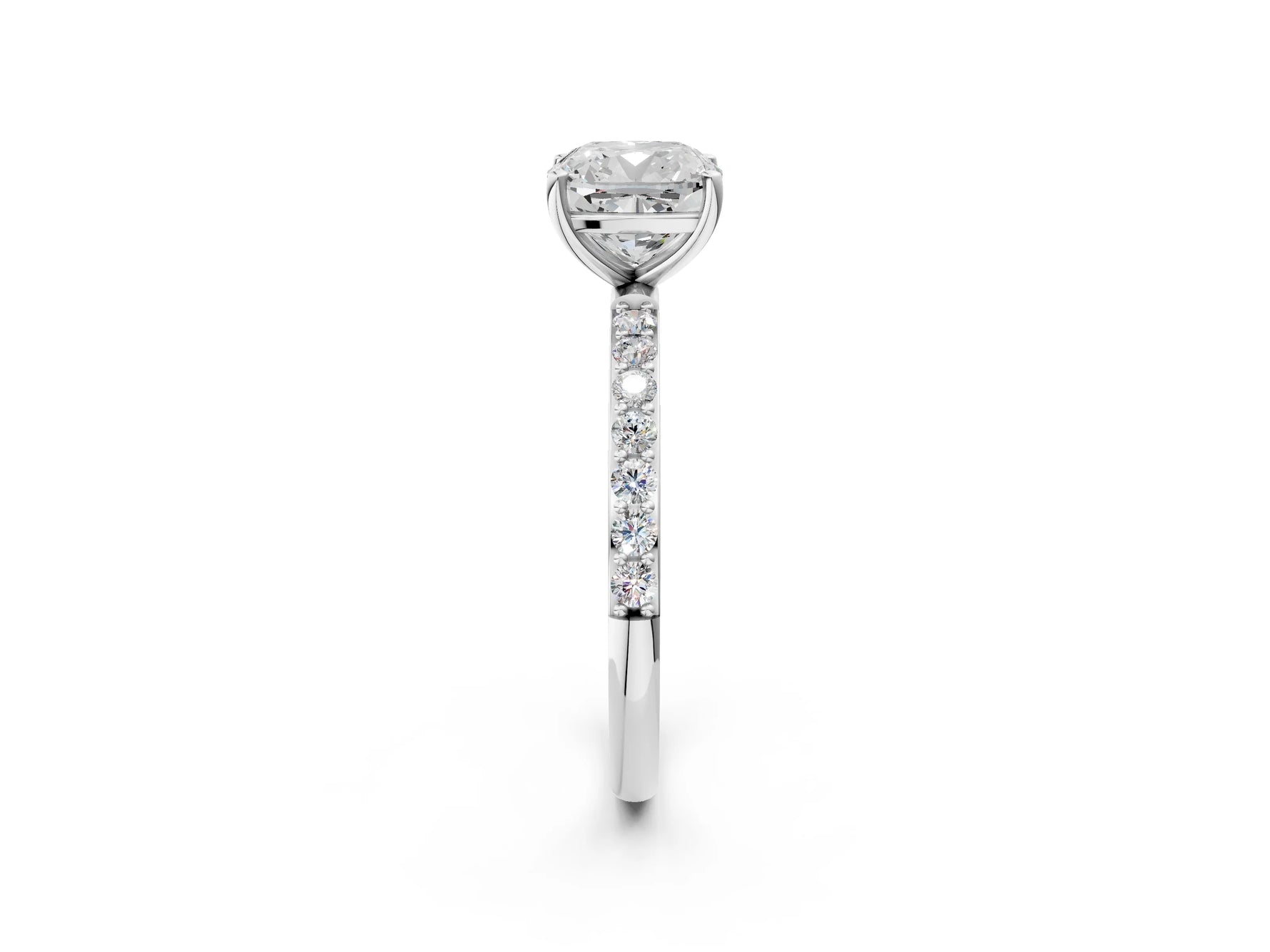 Cushion Cut Diamond Pavé Band Solitaire Ring in White gold with Round Accents_26