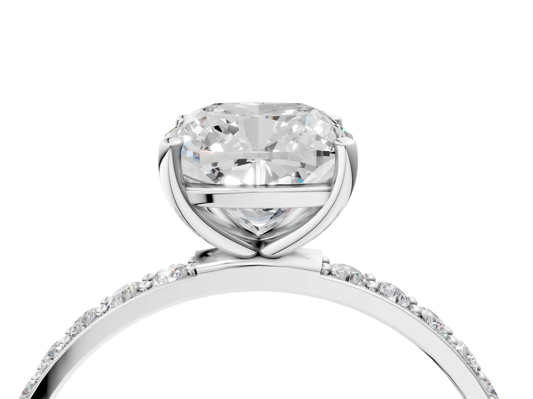 Cushion Cut Diamond Pavé Band Solitaire Ring in White gold with Round Accents_28