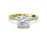 Cushion Cut Diamond Pavé Band Solitaire Ring in Yellow gold with Round Accents_24