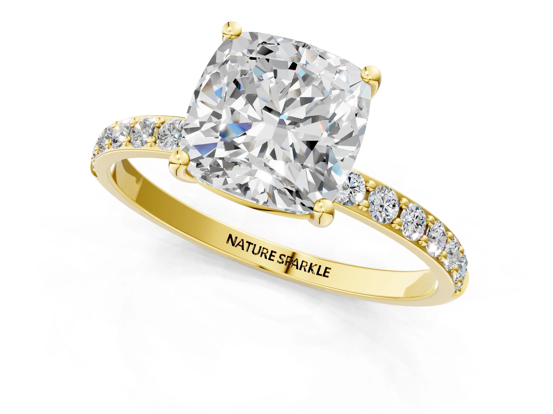 Cushion Cut Diamond Pavé Band Solitaire Ring in Yellow gold with Round Accents_25