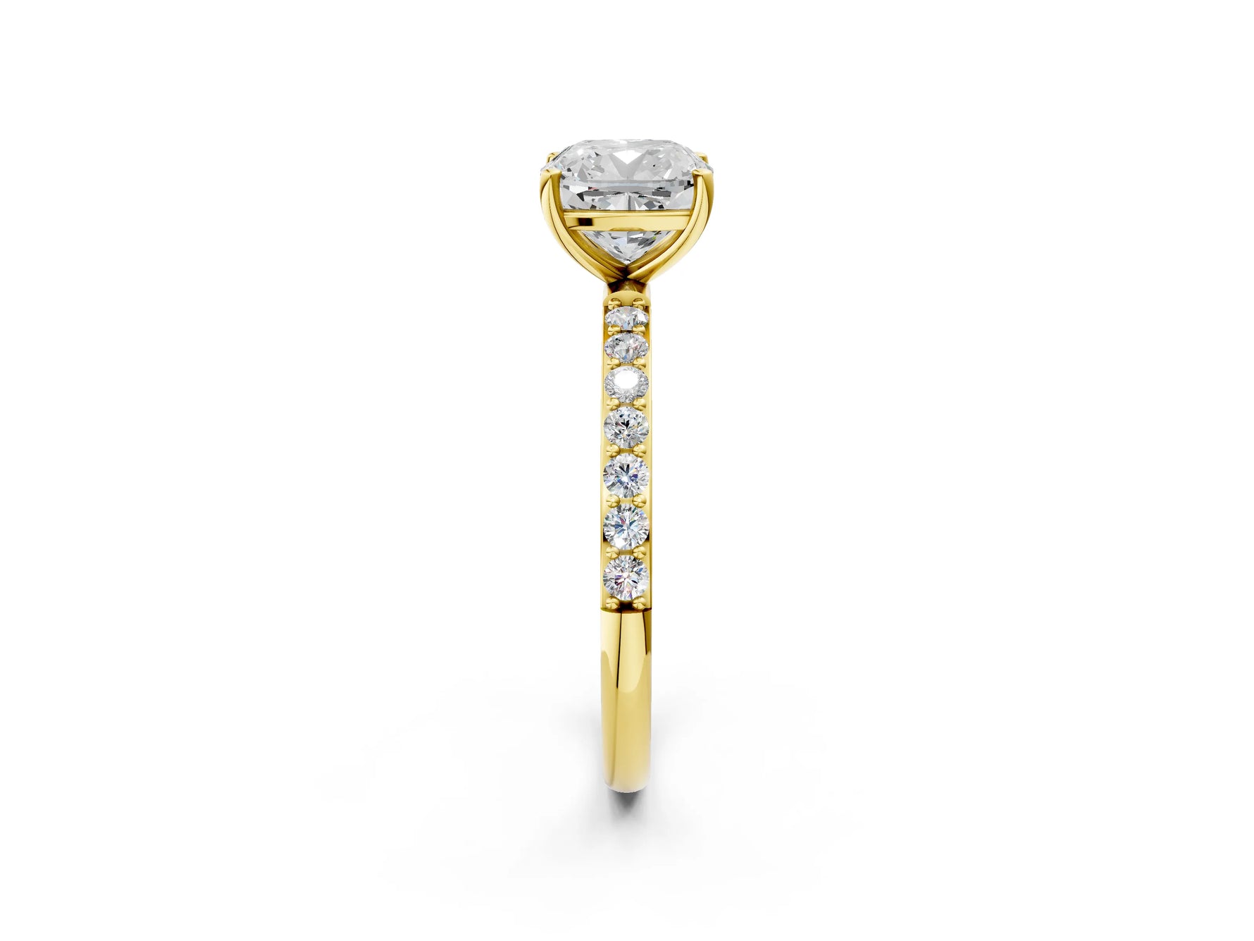 Cushion Cut Diamond Pavé Band Solitaire Ring in Yellow gold with Round Accents_26