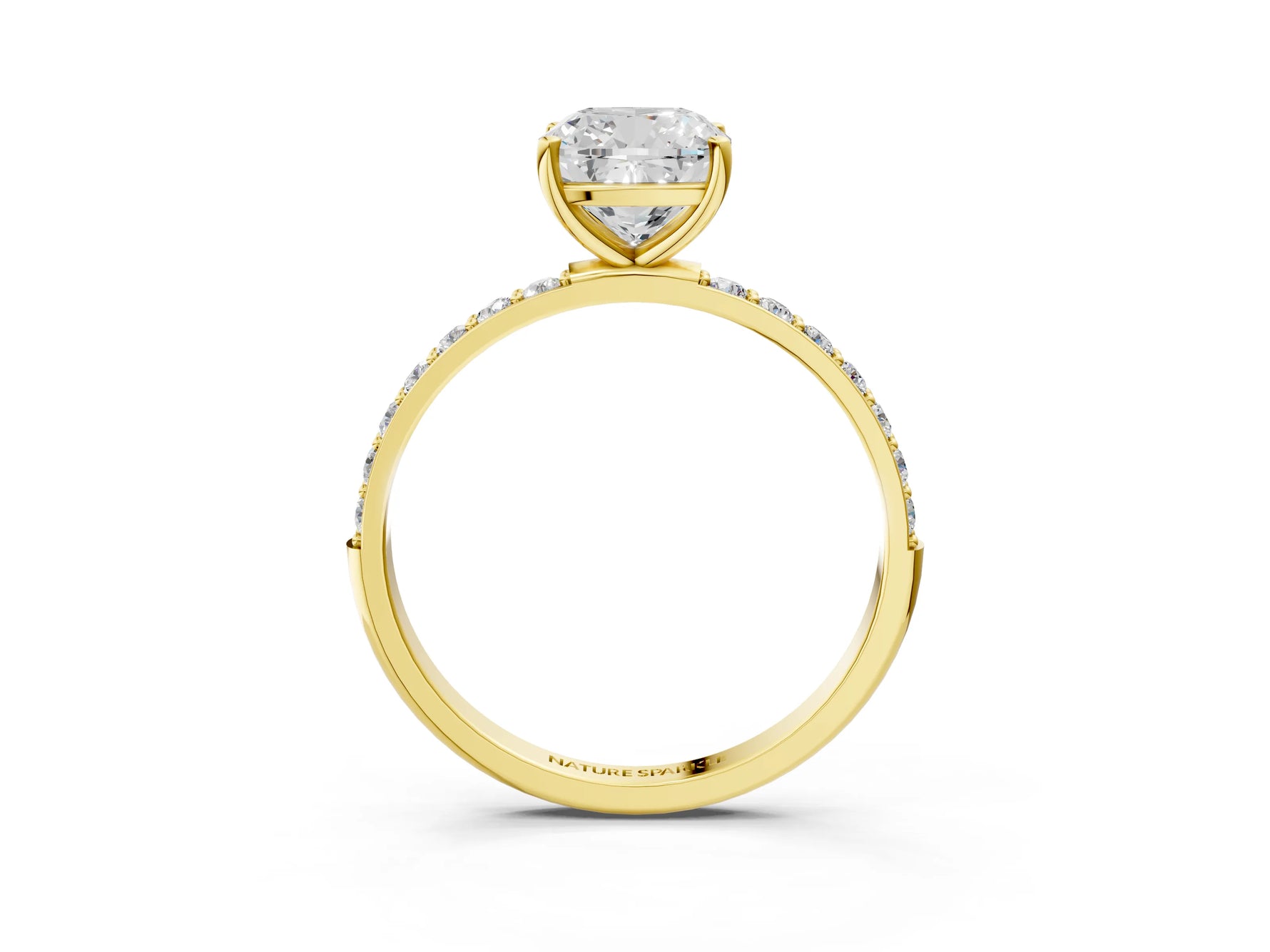 Cushion Cut Diamond Pavé Band Solitaire Ring in Yellow gold with Round Accents_27