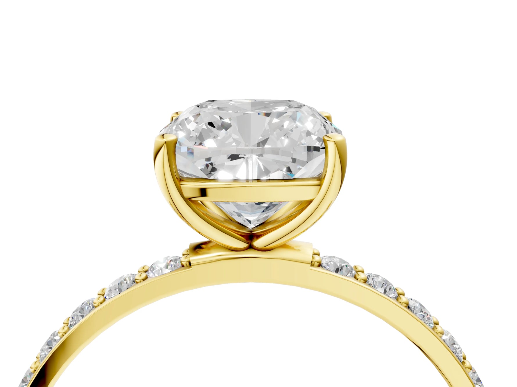 Cushion Cut Diamond Pavé Band Solitaire Ring in Yellow gold with Round Accents_28