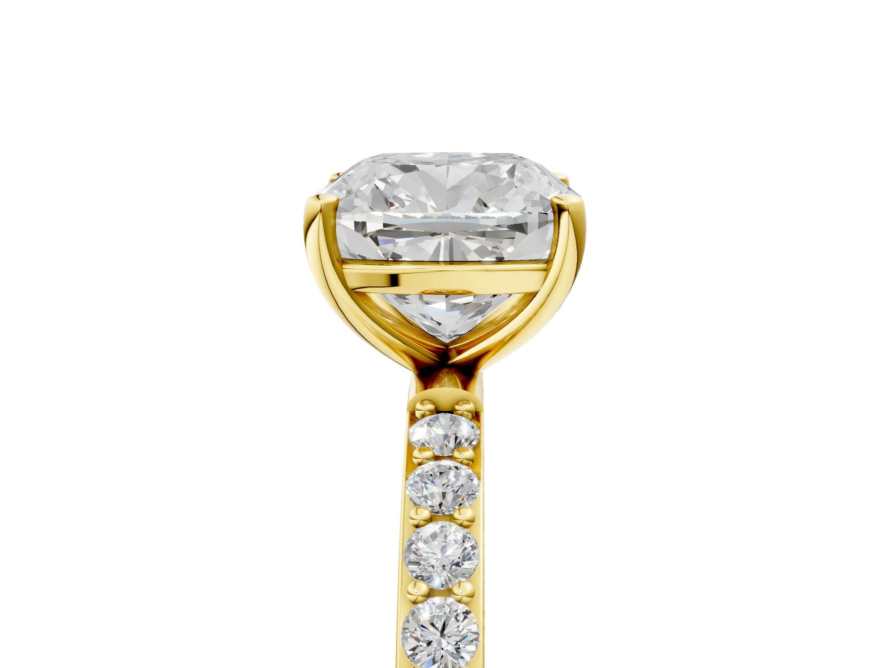 Cushion Cut Diamond Pavé Band Solitaire Ring in Yellow gold with Round Accents_29