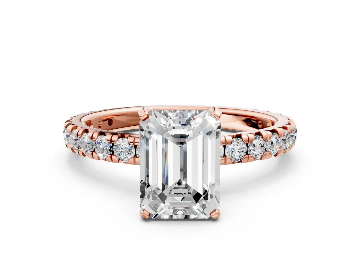 Cushion Cut Diamond Pavé Solitaire Ring in Rose gold with Round Pavé Band and Prong Setting