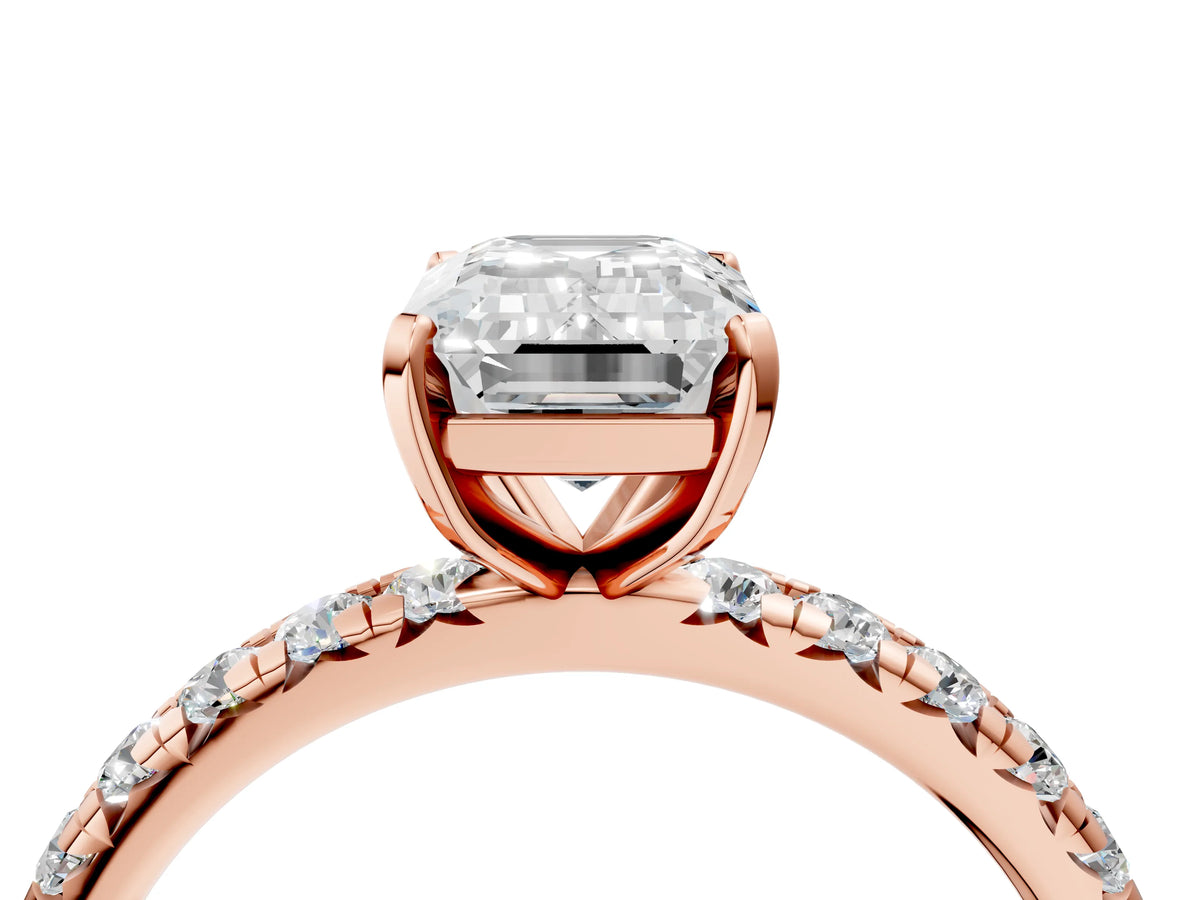 Cushion Cut Diamond Pavé Solitaire Ring in Rose gold with Round Pavé Band and Prong Setting_4
