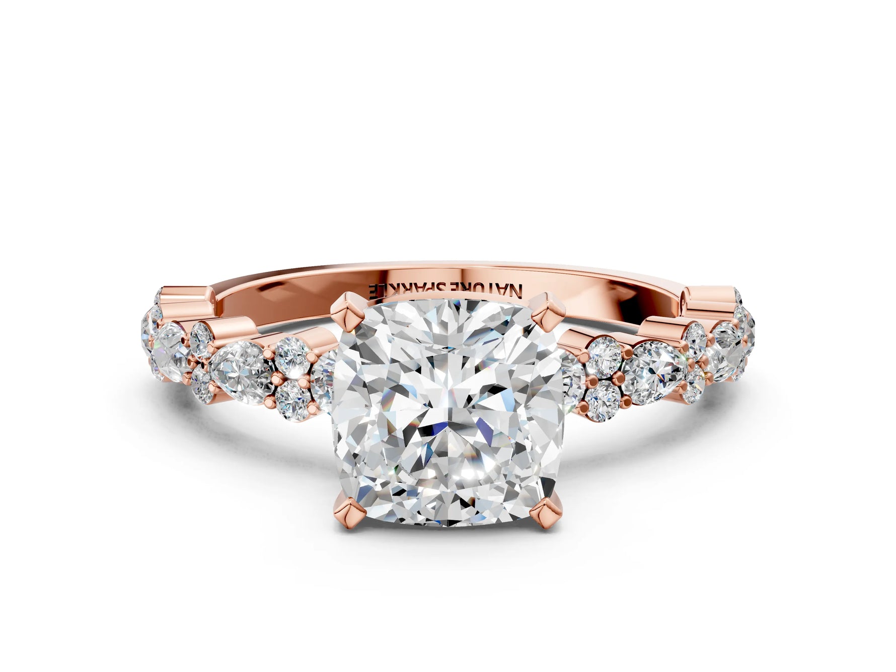 Cushion Cut Diamond Solitaire Ring in Rose gold with Pear and Round Cluster Band_12