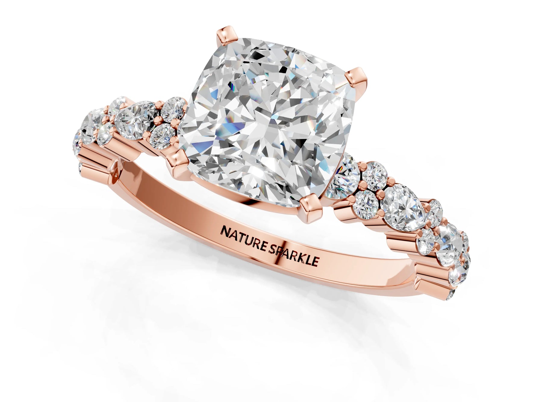 Cushion Cut Diamond Solitaire Ring in Rose gold with Pear and Round Cluster Band_13