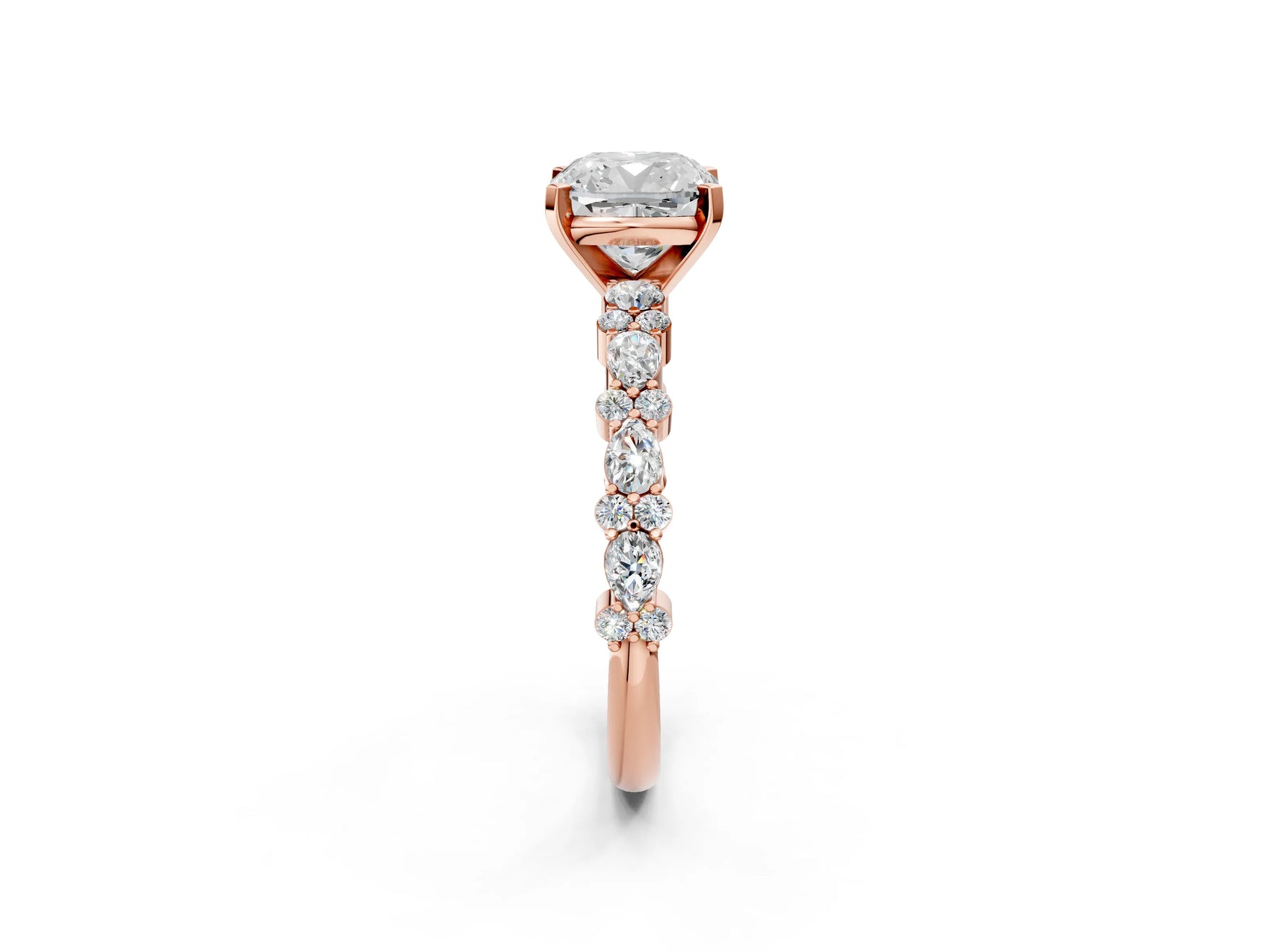 Cushion Cut Diamond Solitaire Ring in Rose gold with Pear and Round Cluster Band_14
