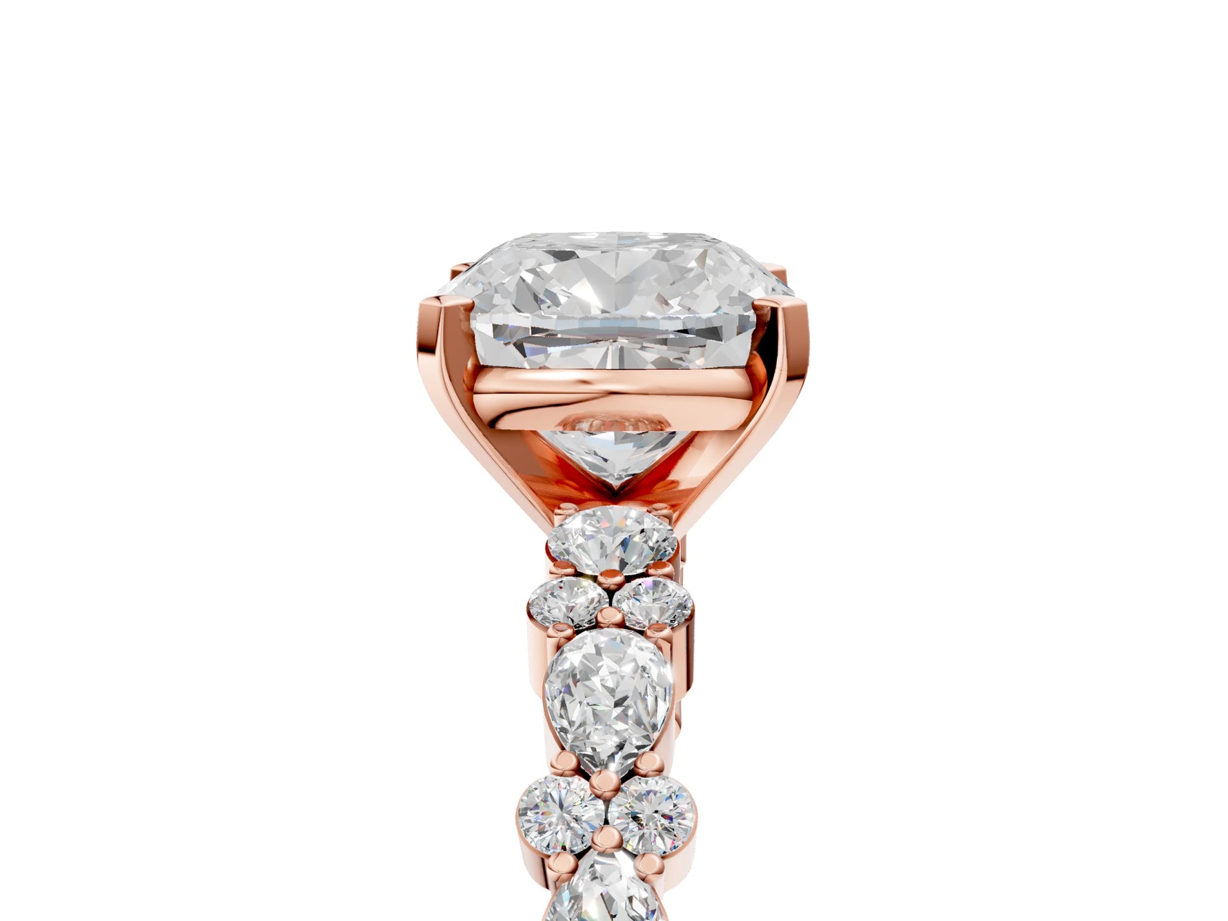 Cushion Cut Diamond Solitaire Ring in Rose gold with Pear and Round Cluster Band_17