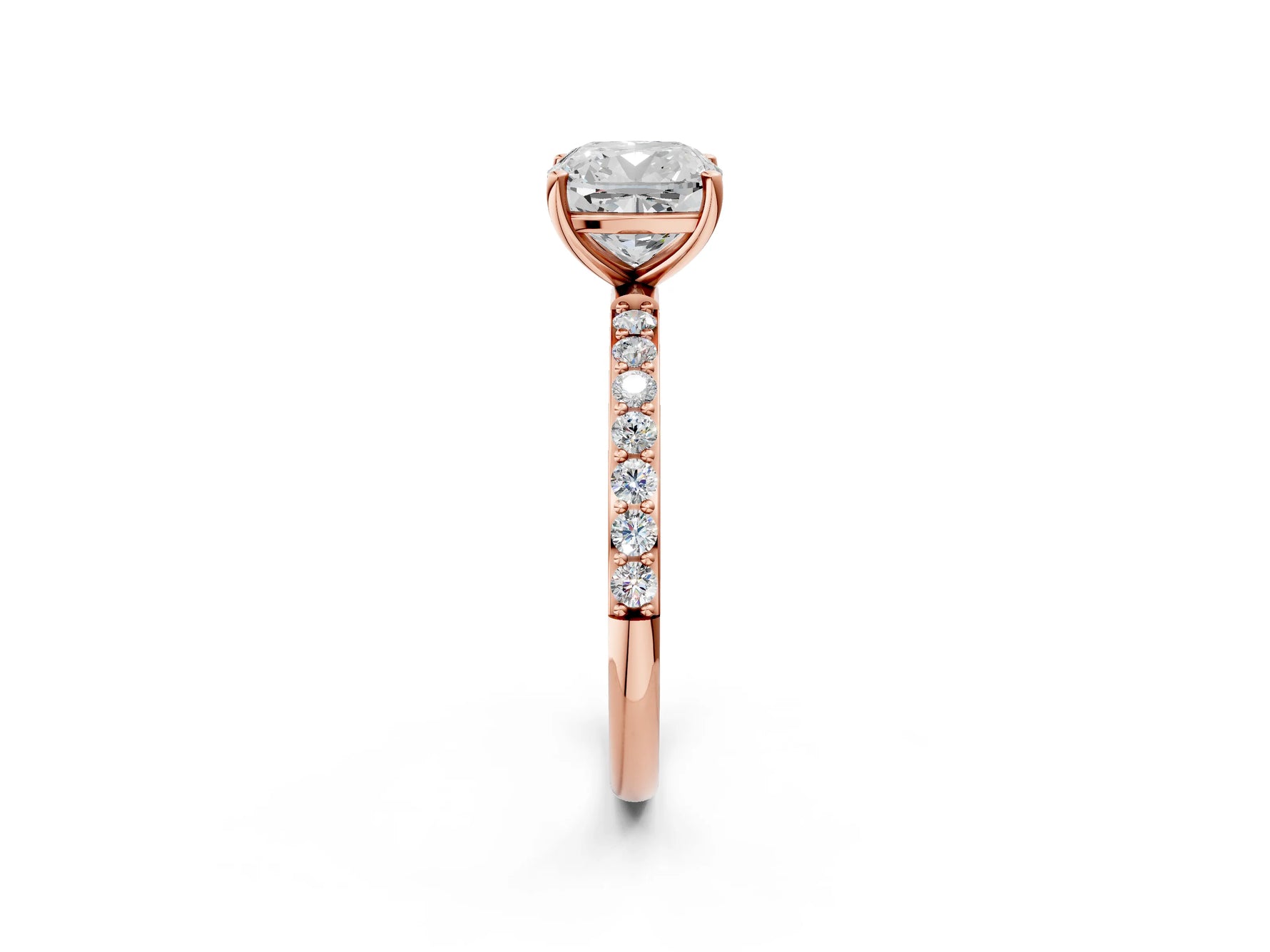 Cushion Cut Diamond Solitaire Ring in Rose gold with Round Pavé Band_26