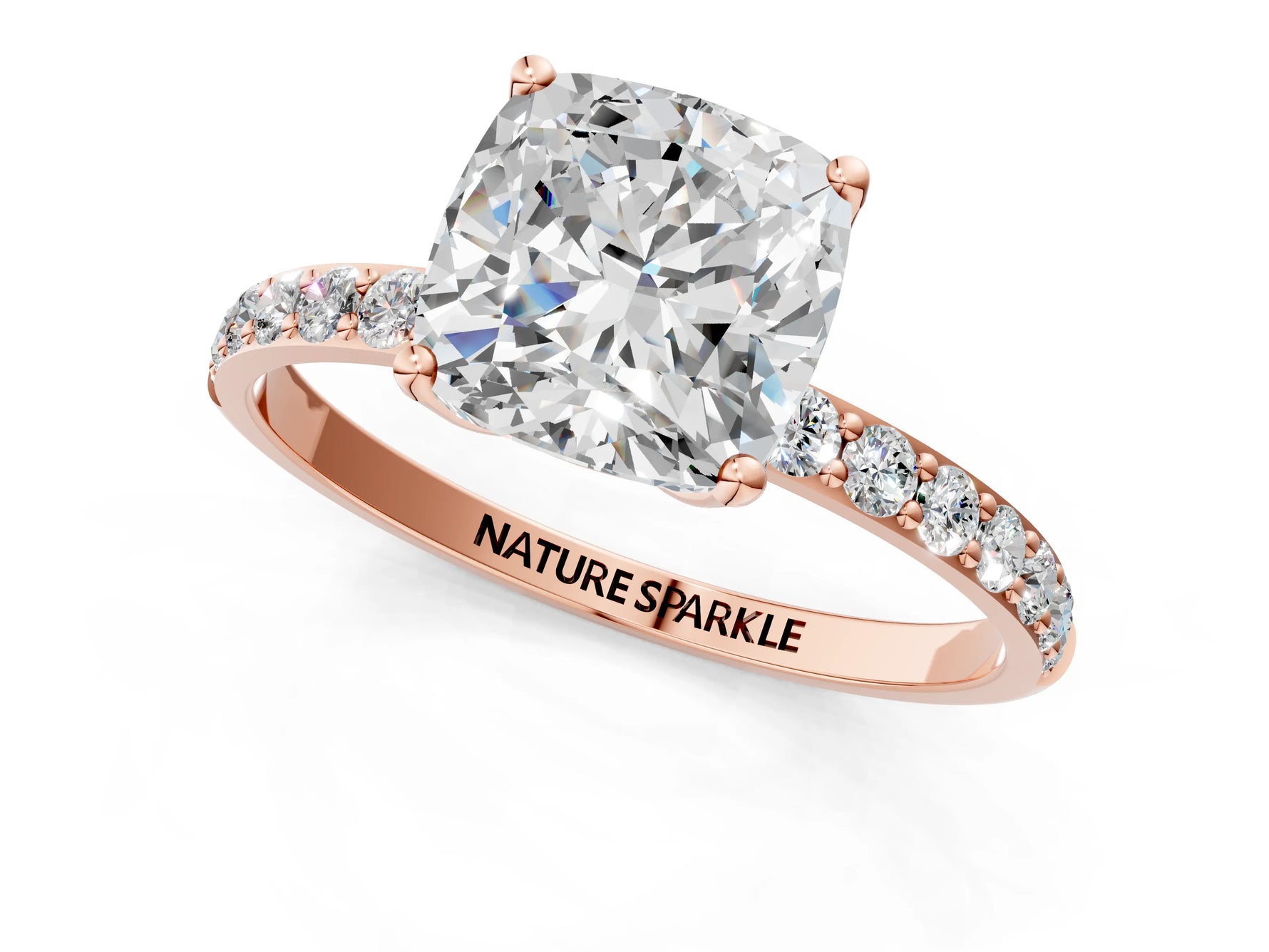 Cushion Cut Diamond Solitaire Ring in Rose gold with Round Shared Prong Pavé Band_19