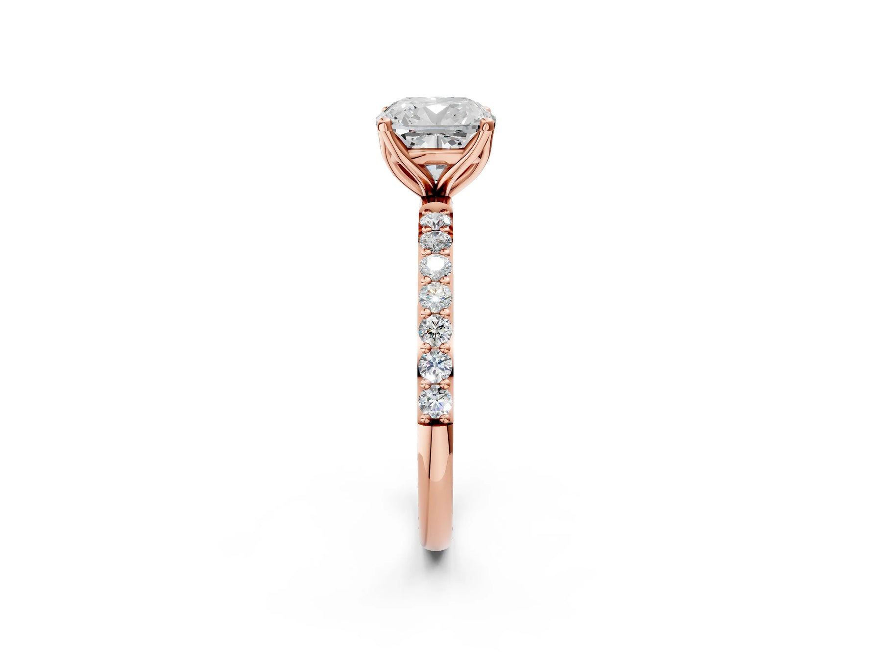 Cushion Cut Diamond Solitaire Ring in Rose gold with Round Shared Prong Pavé Band_20