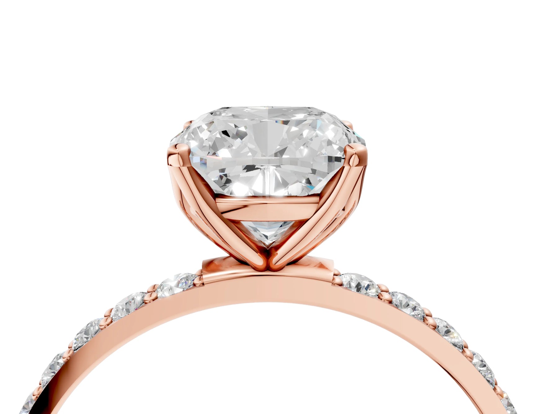 Cushion Cut Diamond Solitaire Ring in Rose gold with Round Shared Prong Pavé Band_22