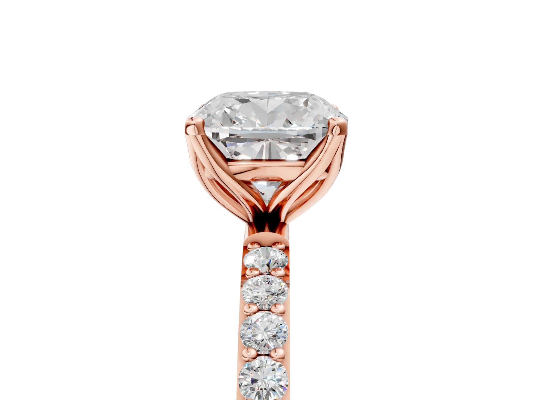 Cushion Cut Diamond Solitaire Ring in Rose gold with Round Shared Prong Pavé Band_23