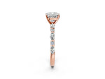 Cushion Cut Diamond Solitaire Ring in Rose gold with Shared Prong Marquise and Round Side Stones_14