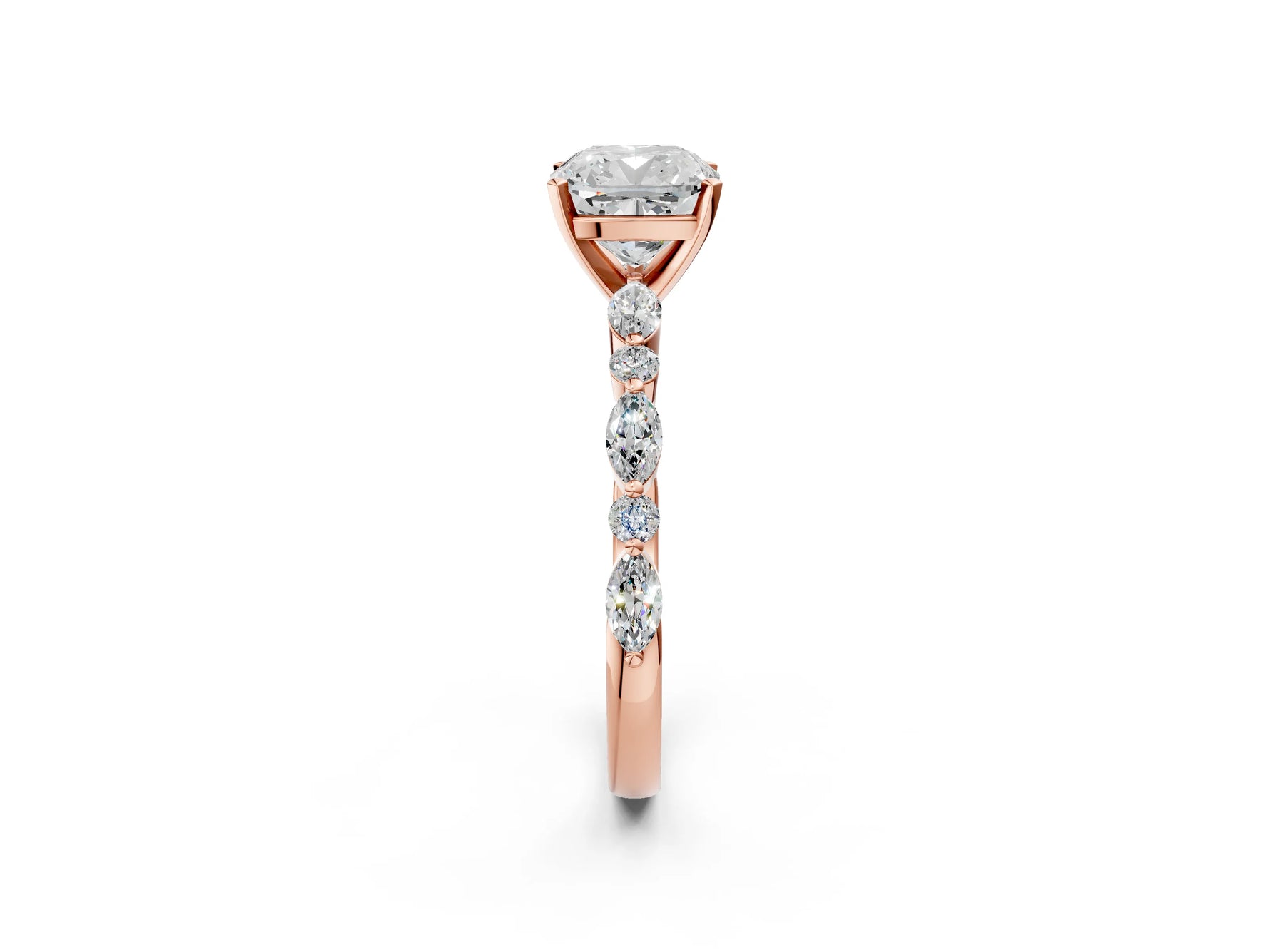Cushion Cut Diamond Solitaire Ring in Rose gold with Shared Prong Marquise and Round Side Stones_14