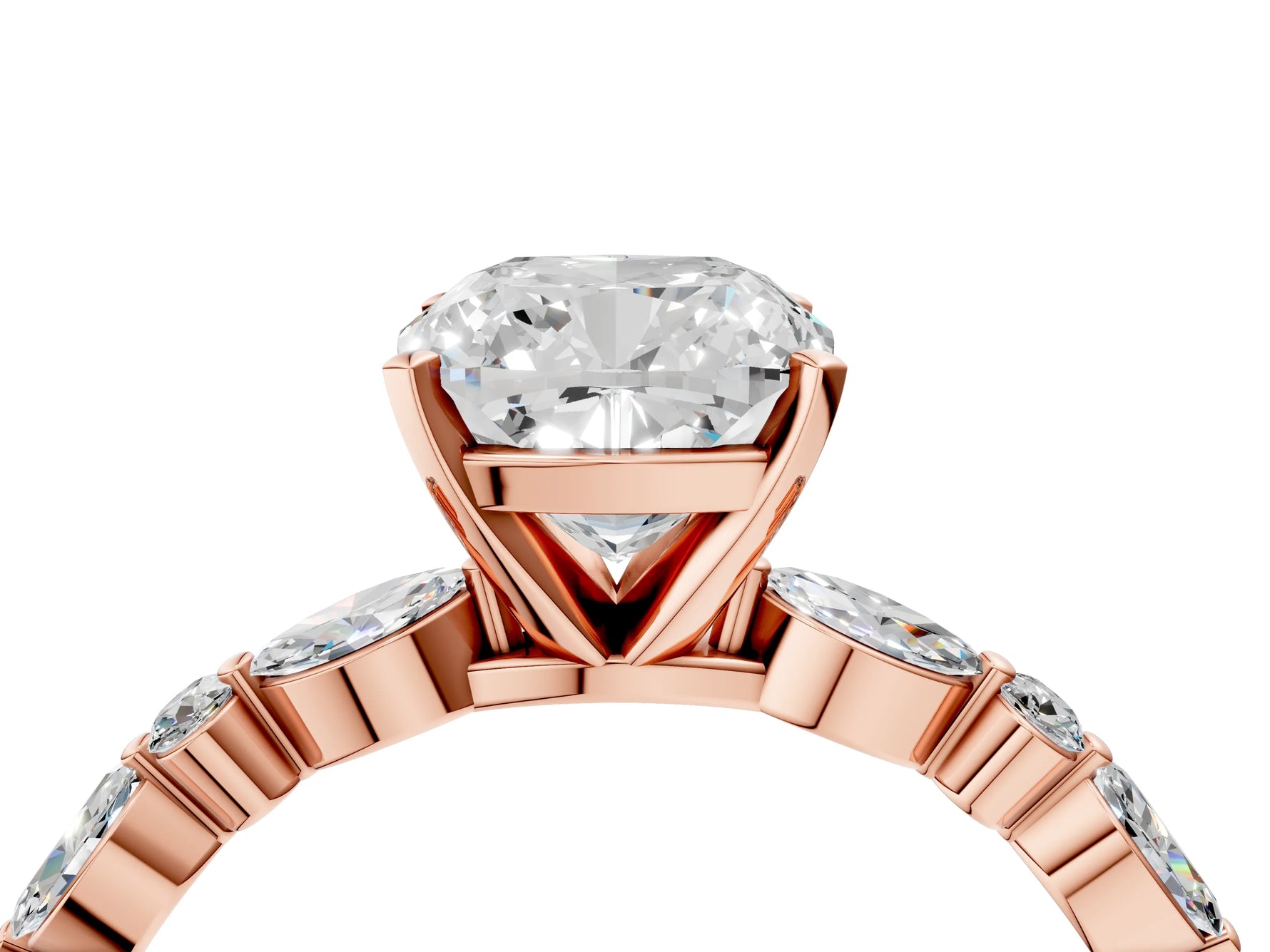 Cushion Cut Diamond Solitaire Ring in Rose gold with Shared Prong Marquise and Round Side Stones_16
