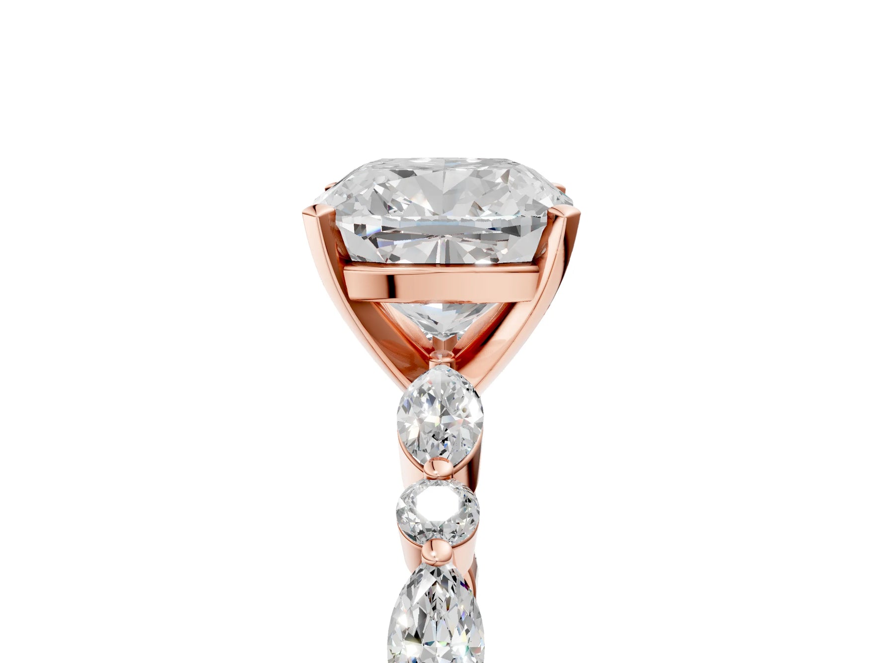 Cushion Cut Diamond Solitaire Ring in Rose gold with Shared Prong Marquise and Round Side Stones_17
