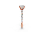 Cushion Cut Diamond Solitaire Ring in Rose gold with Shared Prong Marquise and Round Side Stones_38