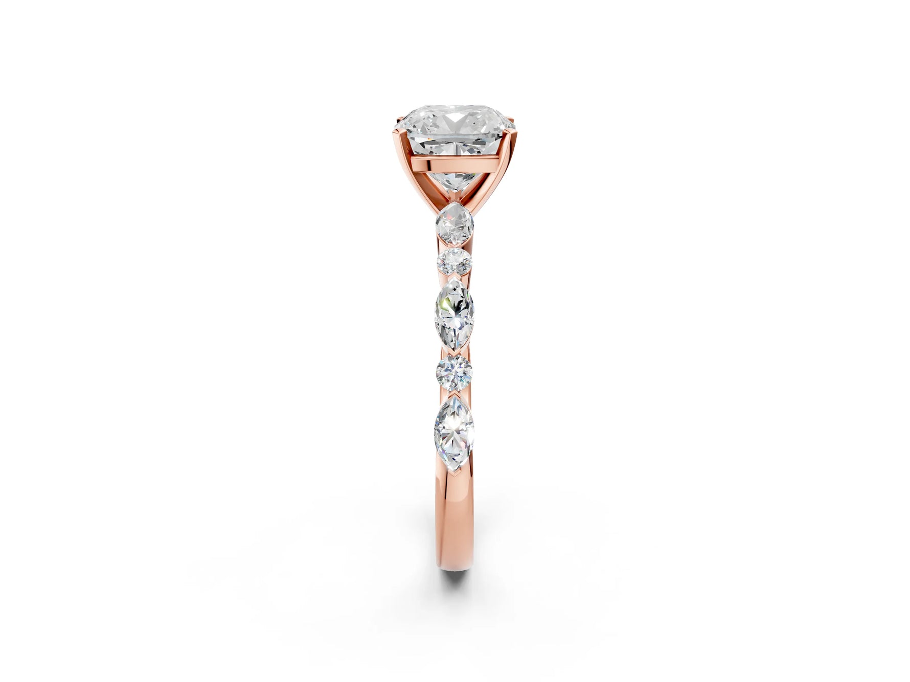 Cushion Cut Diamond Solitaire Ring in Rose gold with Shared Prong Marquise and Round Side Stones_38