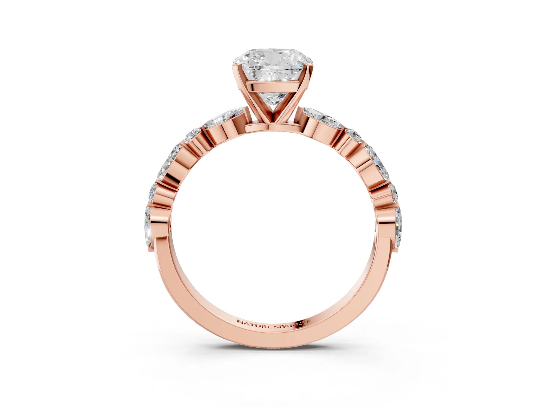 Cushion Cut Diamond Solitaire Ring in Rose gold with Shared Prong Marquise and Round Side Stones_39