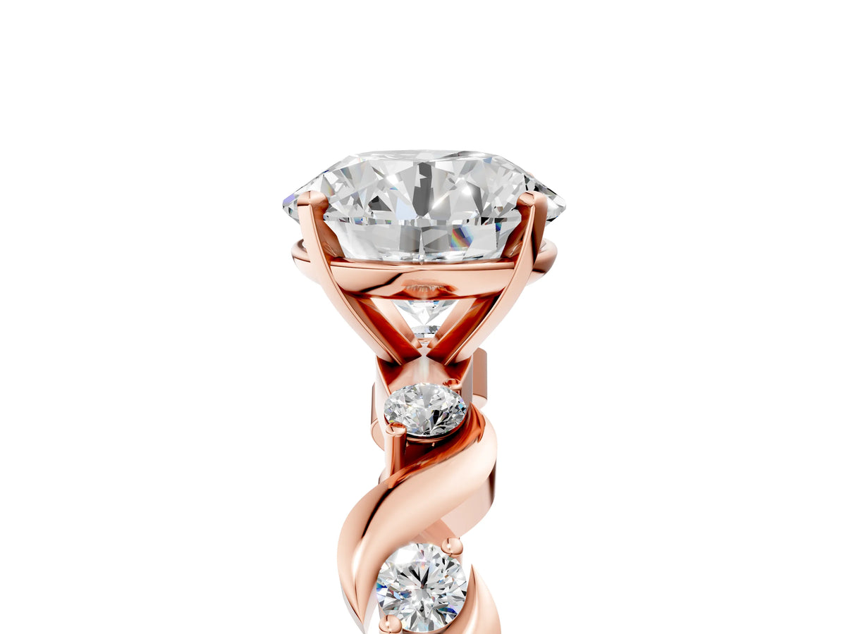 Cushion Cut Diamond Solitaire Ring in Rose gold with Twisted Ribbon Band and Round Accents_5