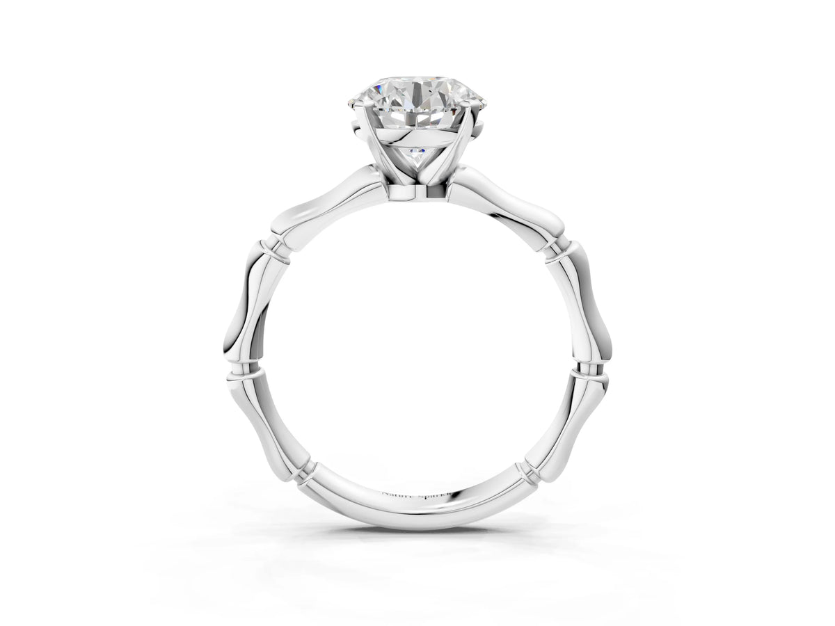 Cushion Cut Diamond Solitaire Ring in White gold with Bamboo-Inspired Band and Prong Setting_9