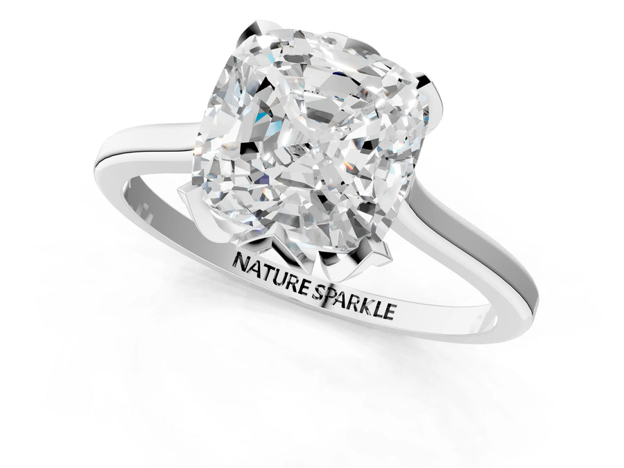 Cushion Cut Diamond Solitaire Ring in Silver with Flower Prong Setting