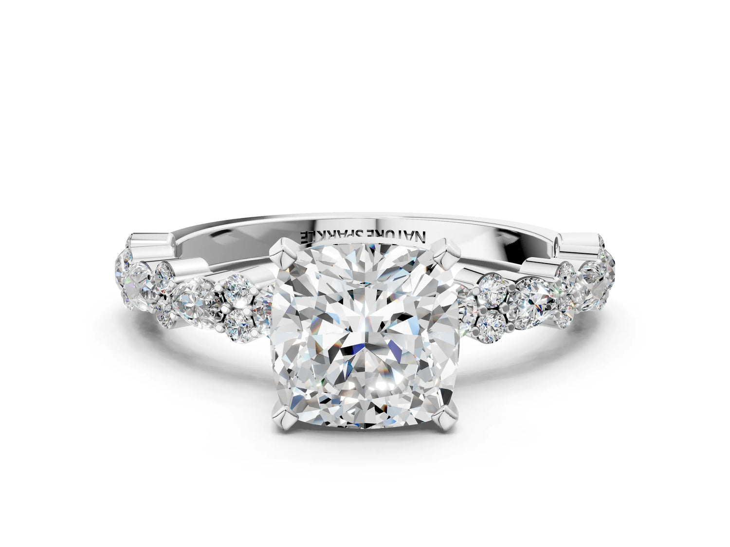 Cushion Cut Diamond Solitaire Ring in White gold with Pear and Round Cluster Band_12