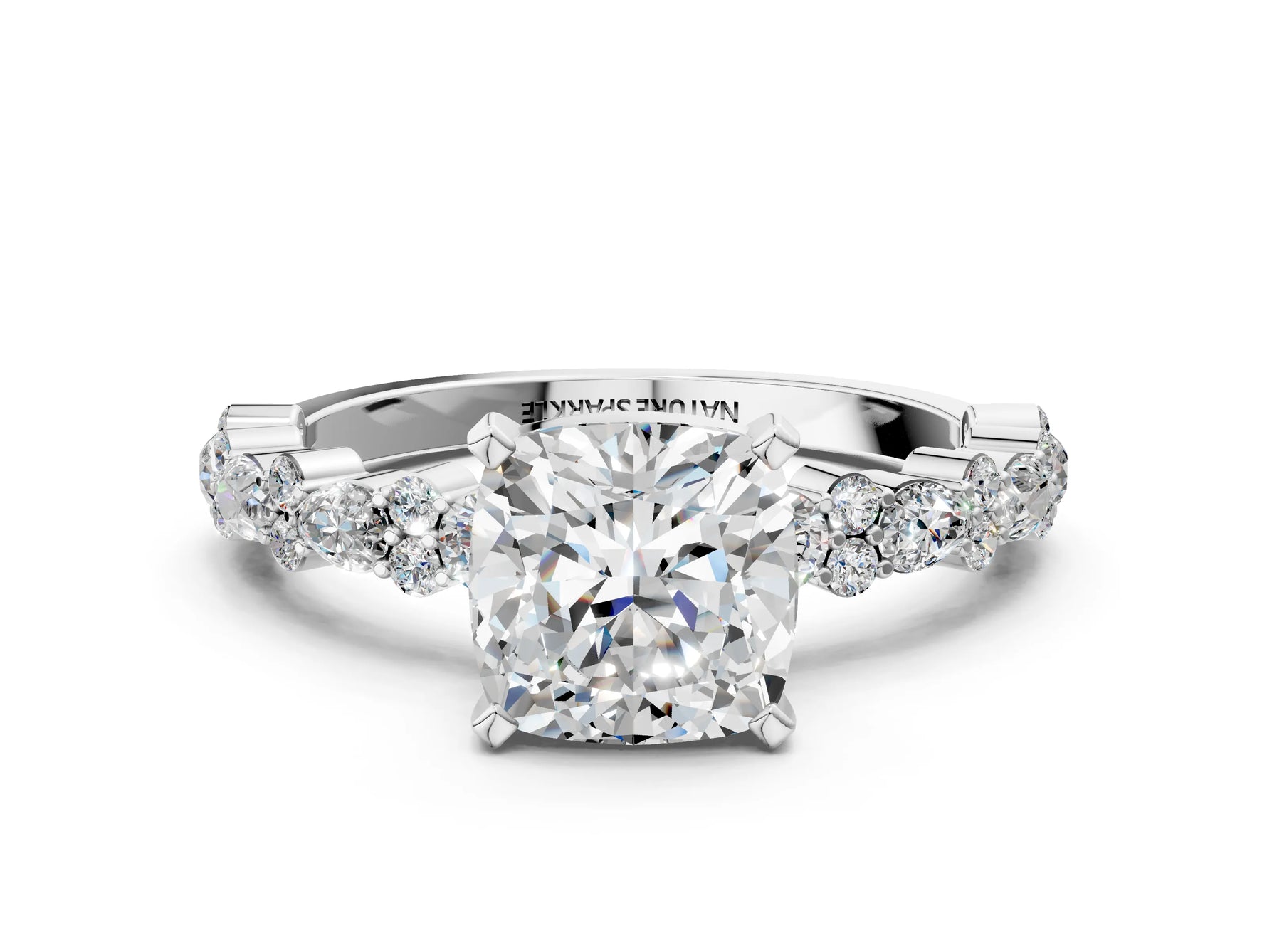 Cushion Cut Diamond Solitaire Ring in White gold with Pear and Round Cluster Band_12
