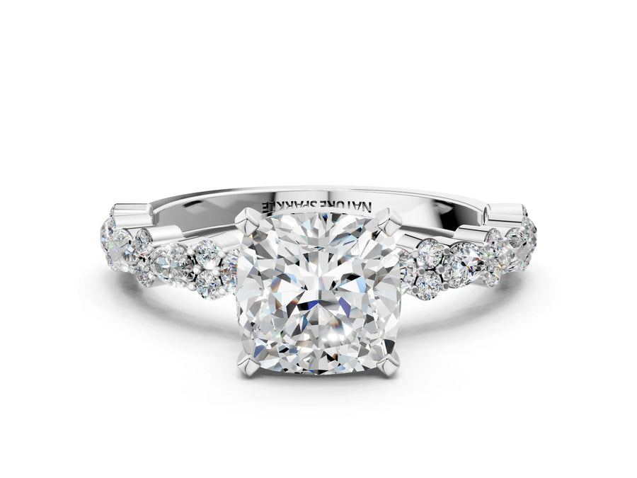 Cushion Cut Diamond Solitaire Ring in White gold with Pear and Round Cluster Band