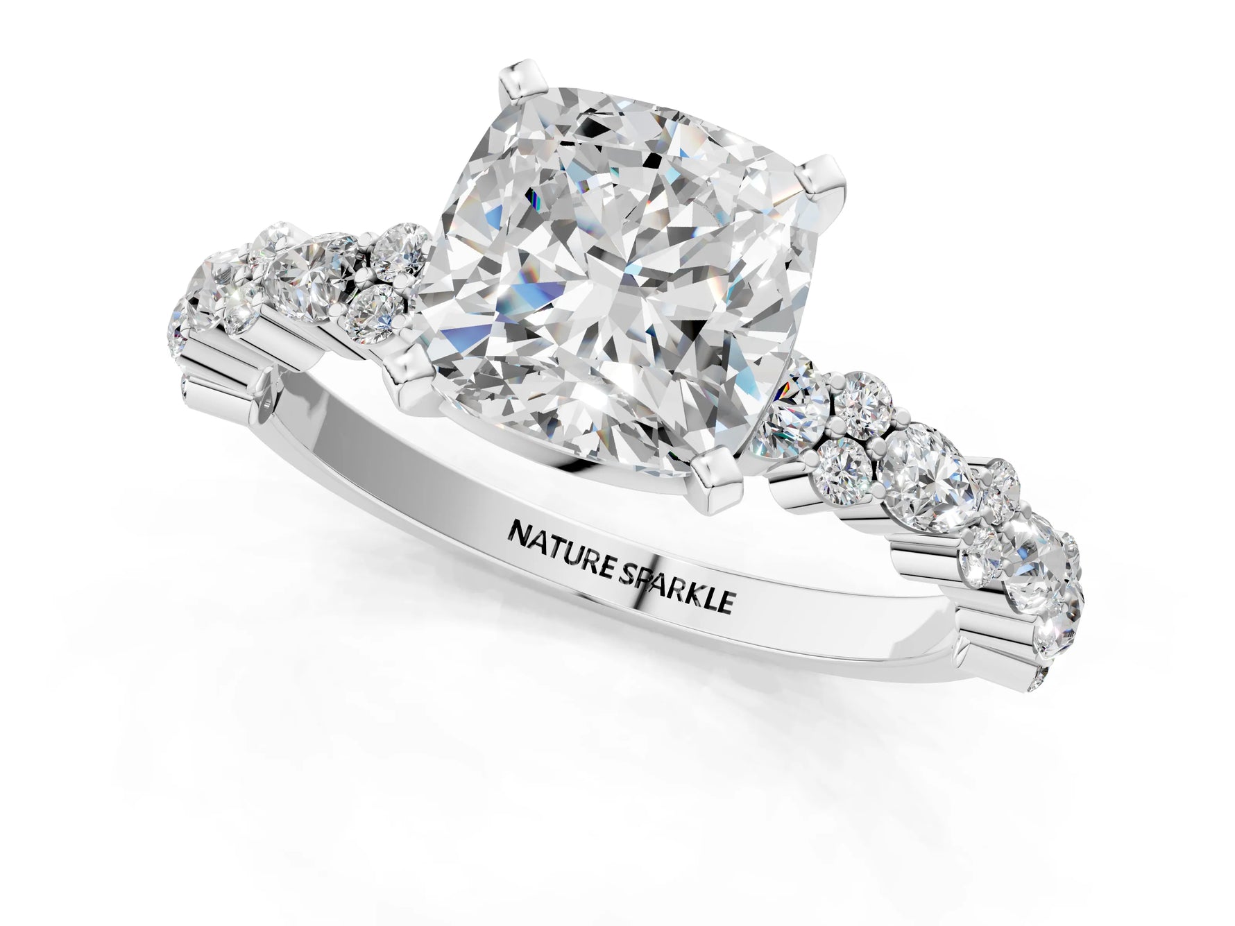 Cushion Cut Diamond Solitaire Ring in White gold with Pear and Round Cluster Band_13