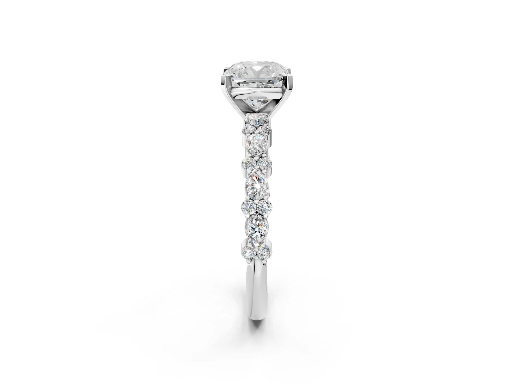 Cushion Cut Diamond Solitaire Ring in White gold with Pear and Round Cluster Band_14