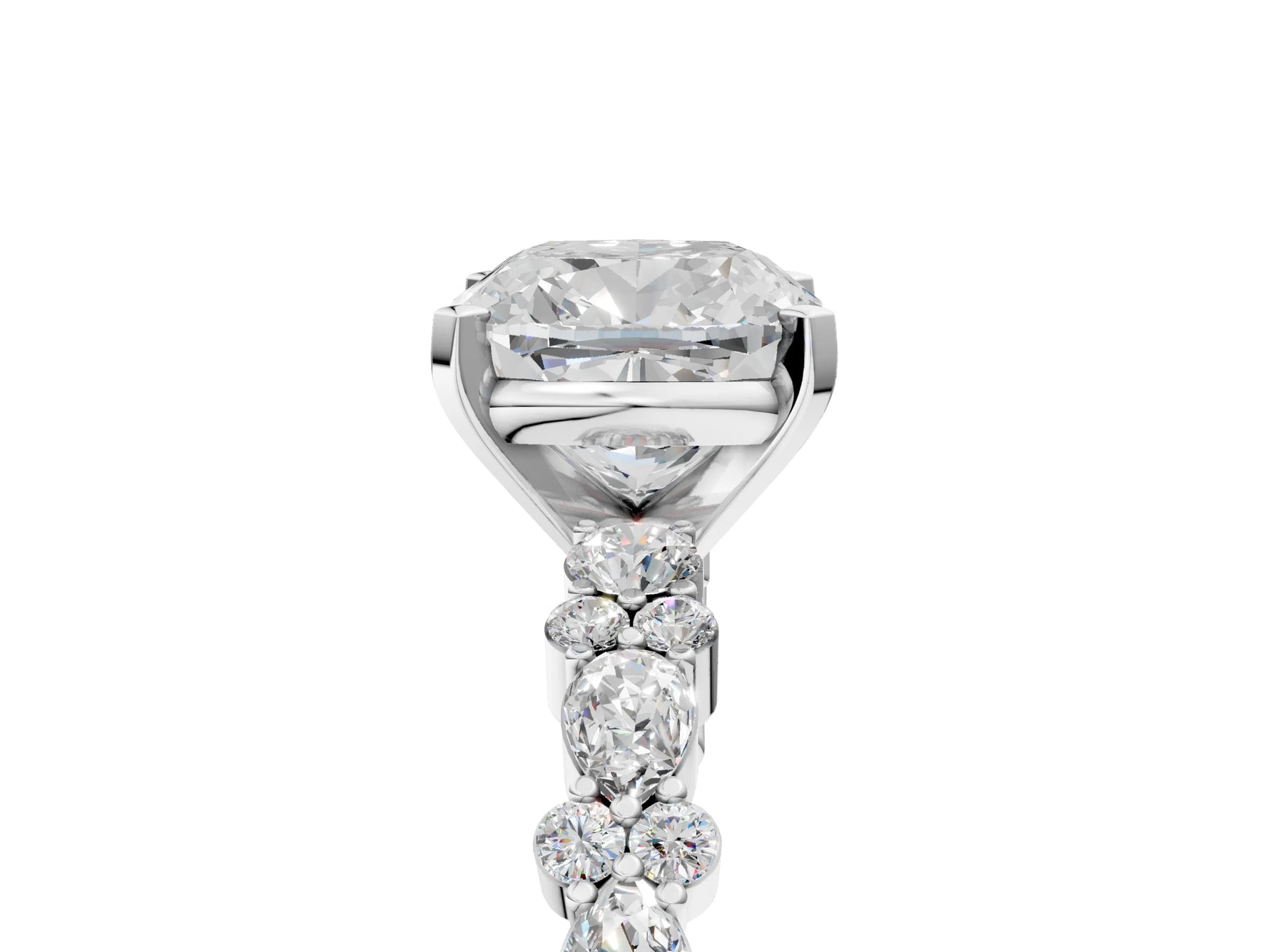 Cushion Cut Diamond Solitaire Ring in White gold with Pear and Round Cluster Band_17