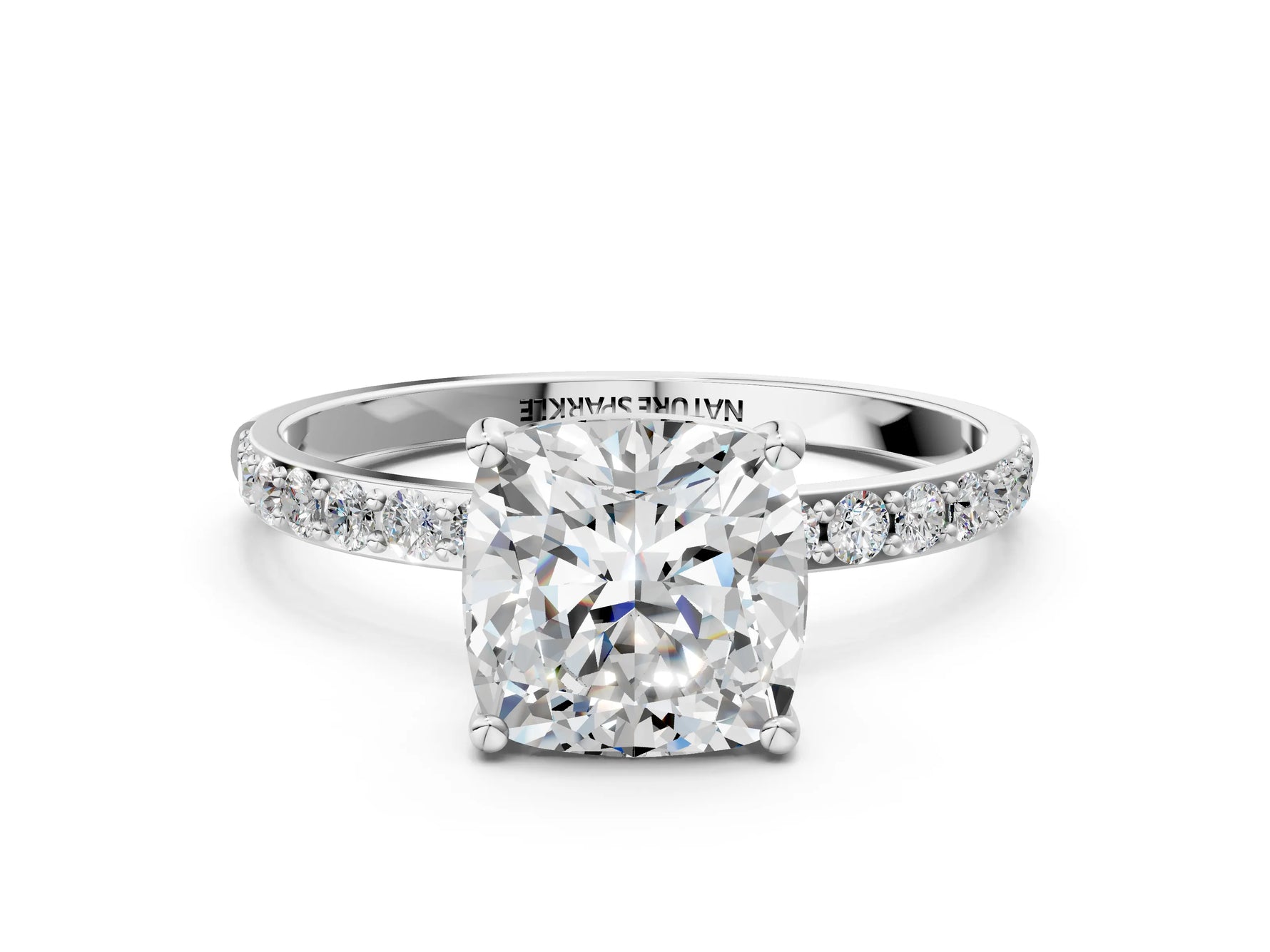 Cushion Cut Diamond Solitaire Ring in White gold with Round Pavé Band_24