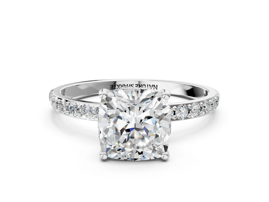 Cushion Cut Diamond Solitaire Ring in Platinum with Round Pavé Band