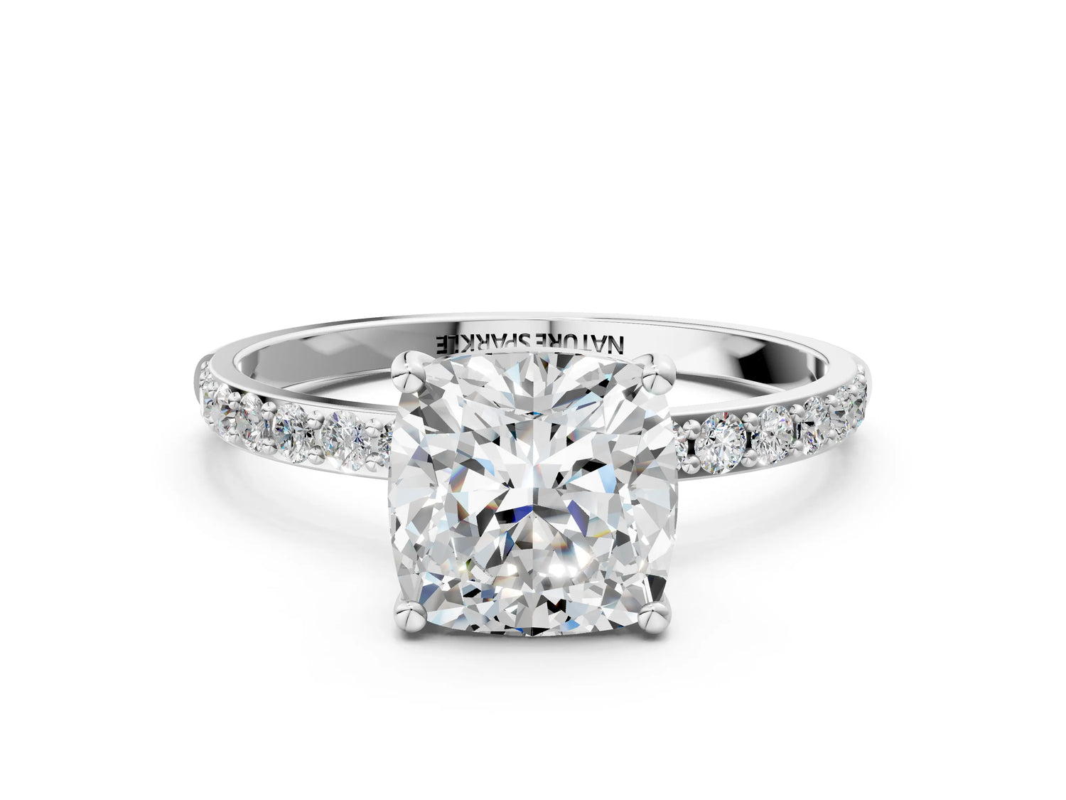 Cushion Cut Diamond Solitaire Ring in White gold with Round Pavé Band_24