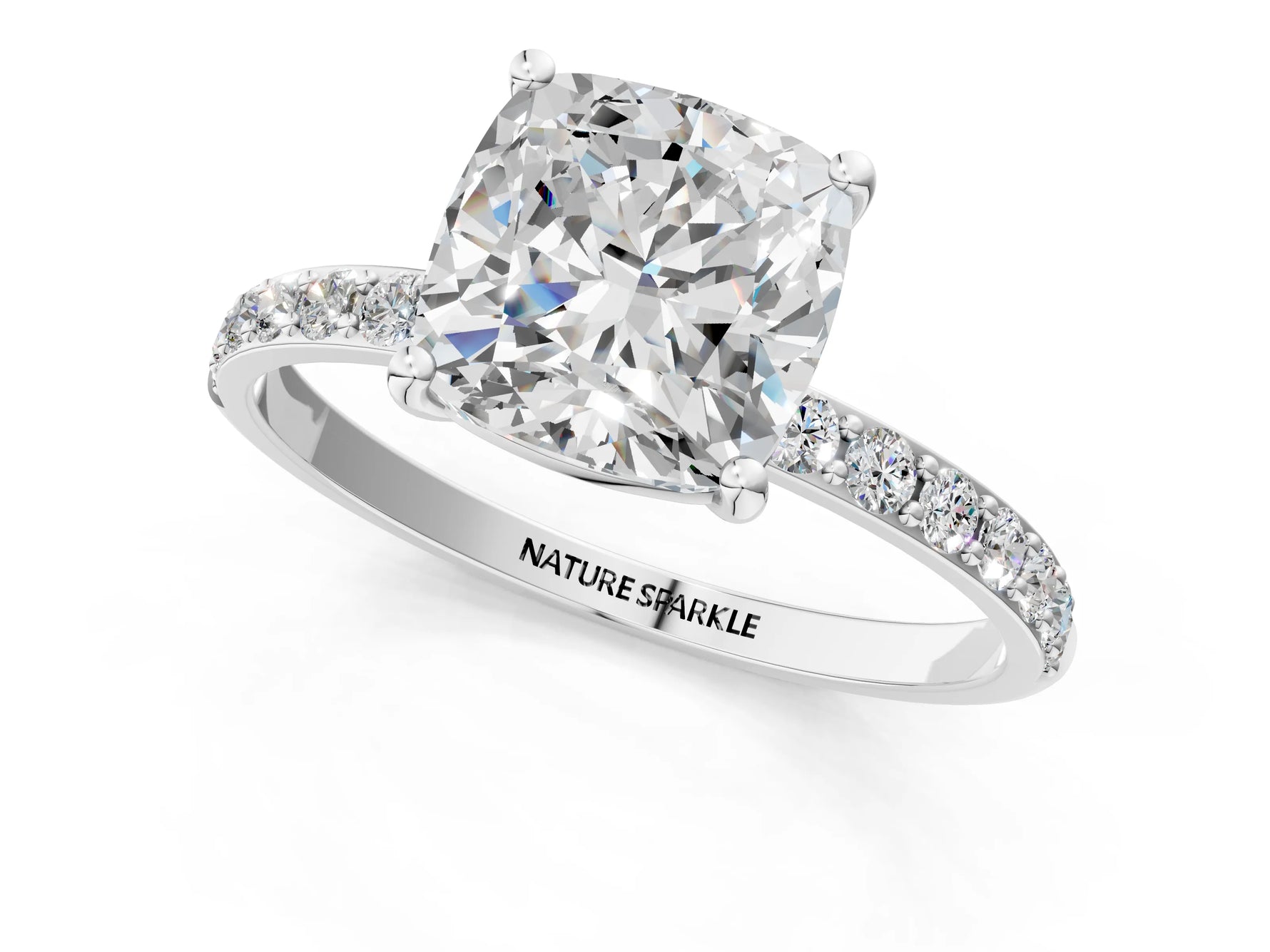 Cushion Cut Diamond Solitaire Ring in White gold with Round Pavé Band_25