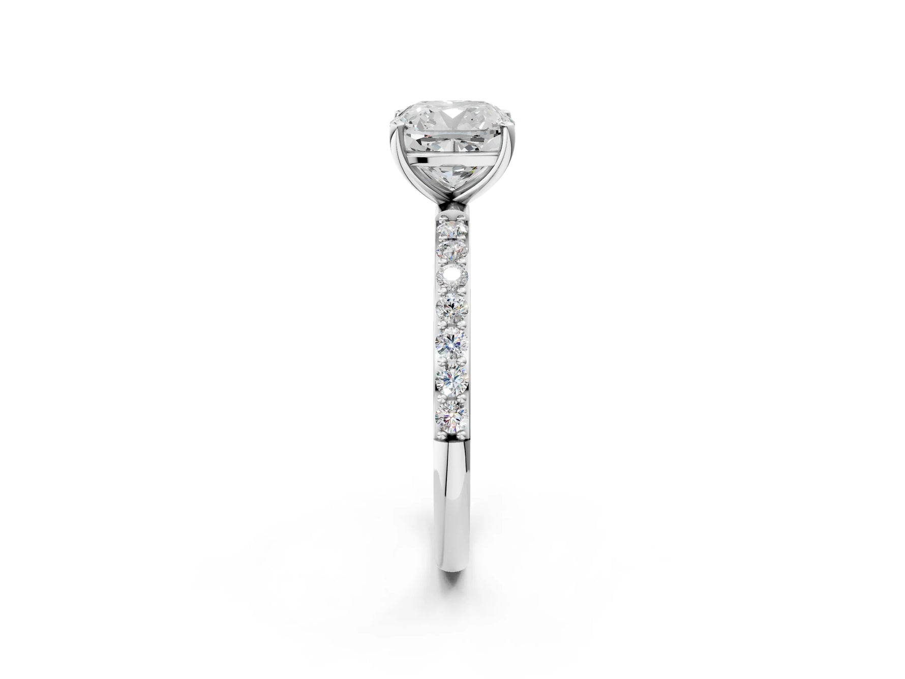 Cushion Cut Diamond Solitaire Ring in White gold with Round Pavé Band_26