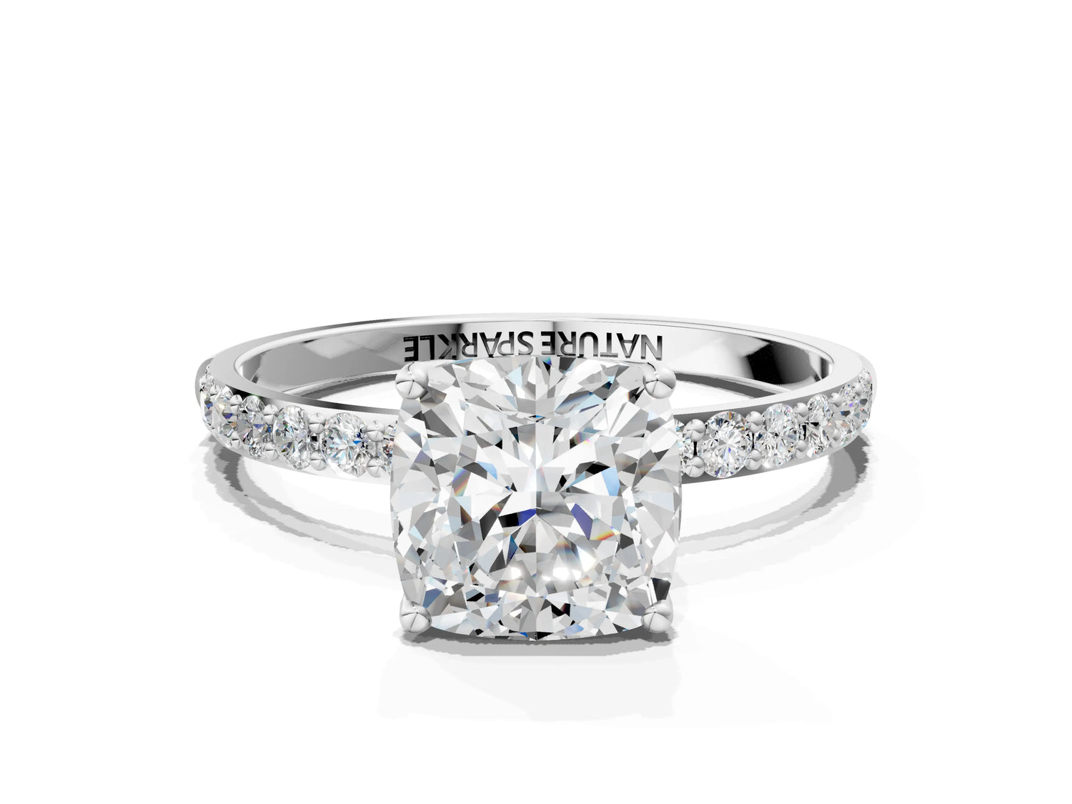 Cushion Cut Diamond Solitaire Ring in White gold with Round Shared Prong Pavé Band_18
