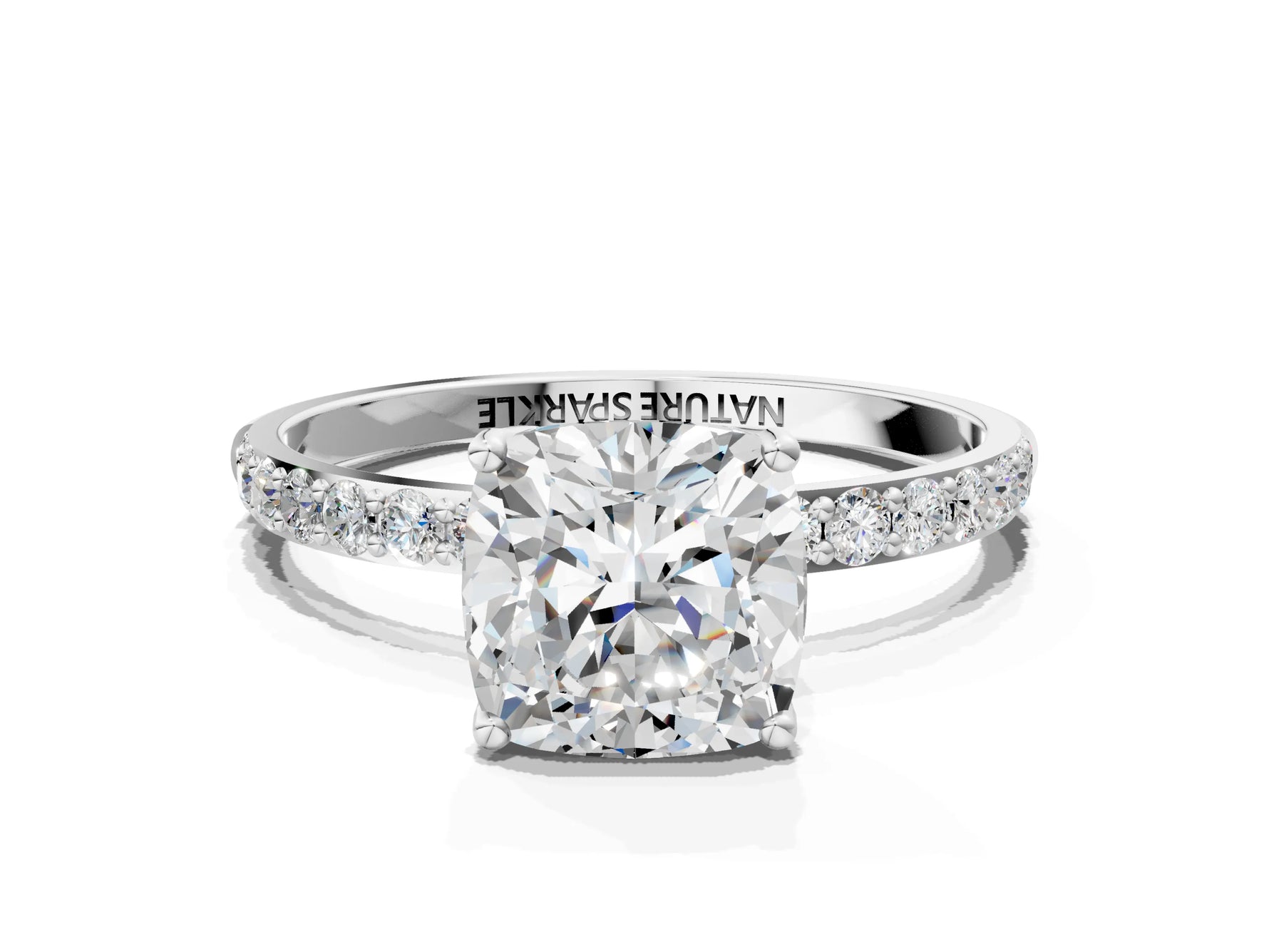 Cushion Cut Diamond Solitaire Ring in White gold with Round Shared Prong Pavé Band_18