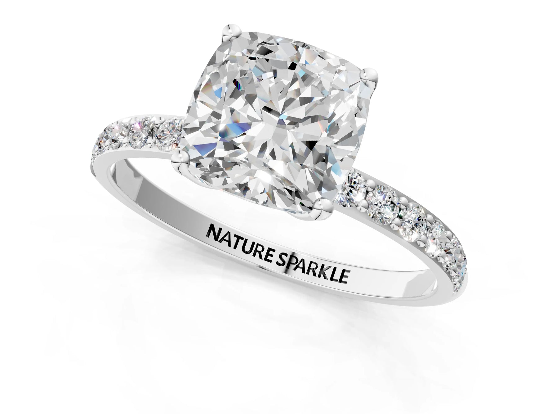 Cushion Cut Diamond Solitaire Ring in White gold with Round Shared Prong Pavé Band_19