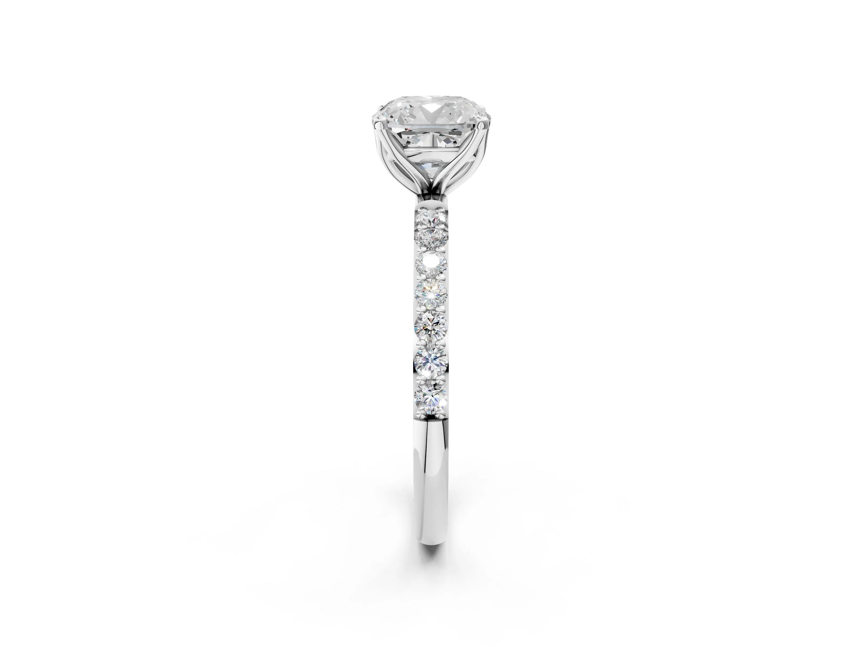 Cushion Cut Diamond Solitaire Ring in White gold with Round Shared Prong Pavé Band_20